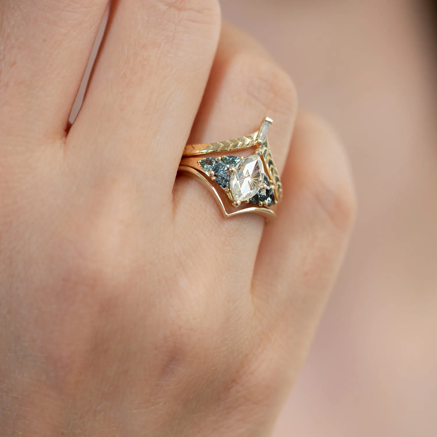 Starburst Rose Cut Diamond Engagement Ring with Teal Sapphire Trillions