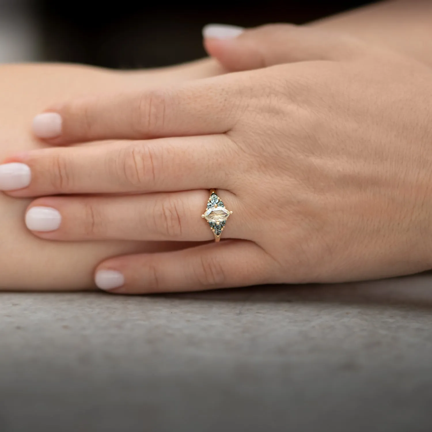 Starburst Rose Cut Diamond Engagement Ring with Teal Sapphire Trillions