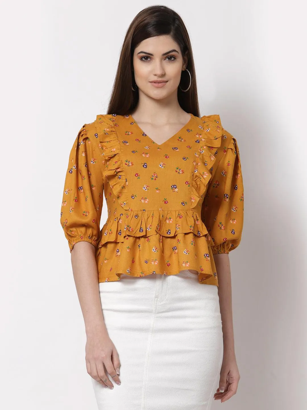 Style Quotient Mustard Yellow Floral Print Peplum Top