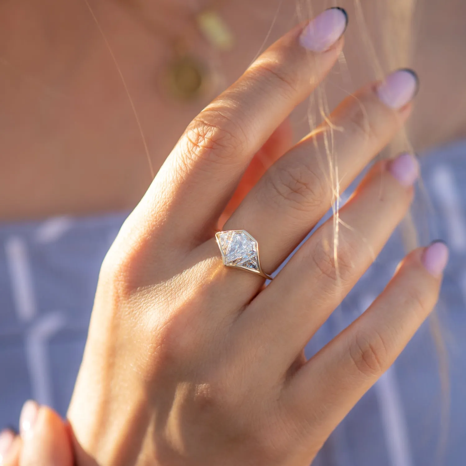 Three Stone Signet Engagement Ring with a 2ct Diamond Cut Shield - OOAK