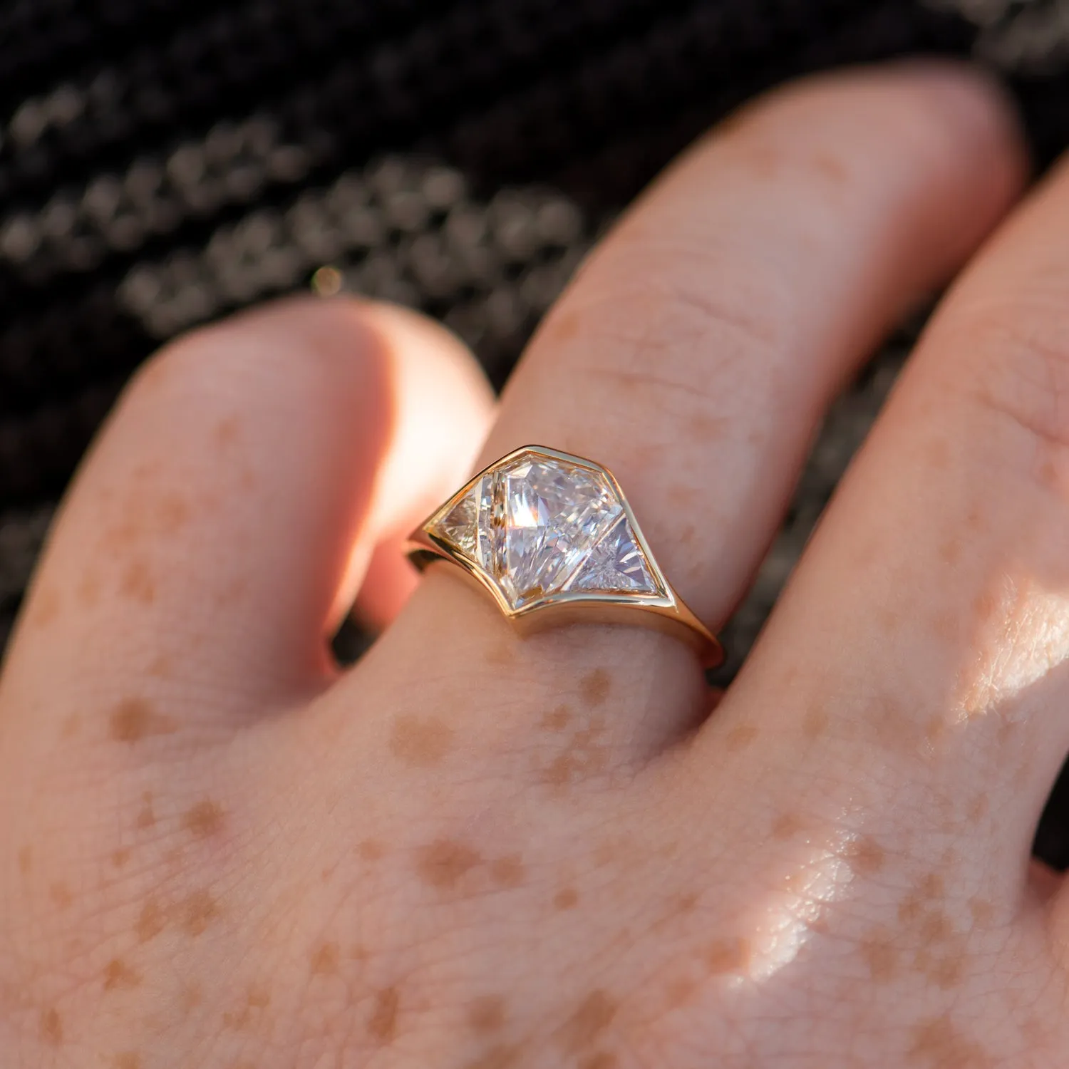 Three Stone Signet Engagement Ring with a 2ct Diamond Cut Shield - OOAK