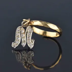 Vintage 14K Gold Initial M Diamond Dangle Charm Ring