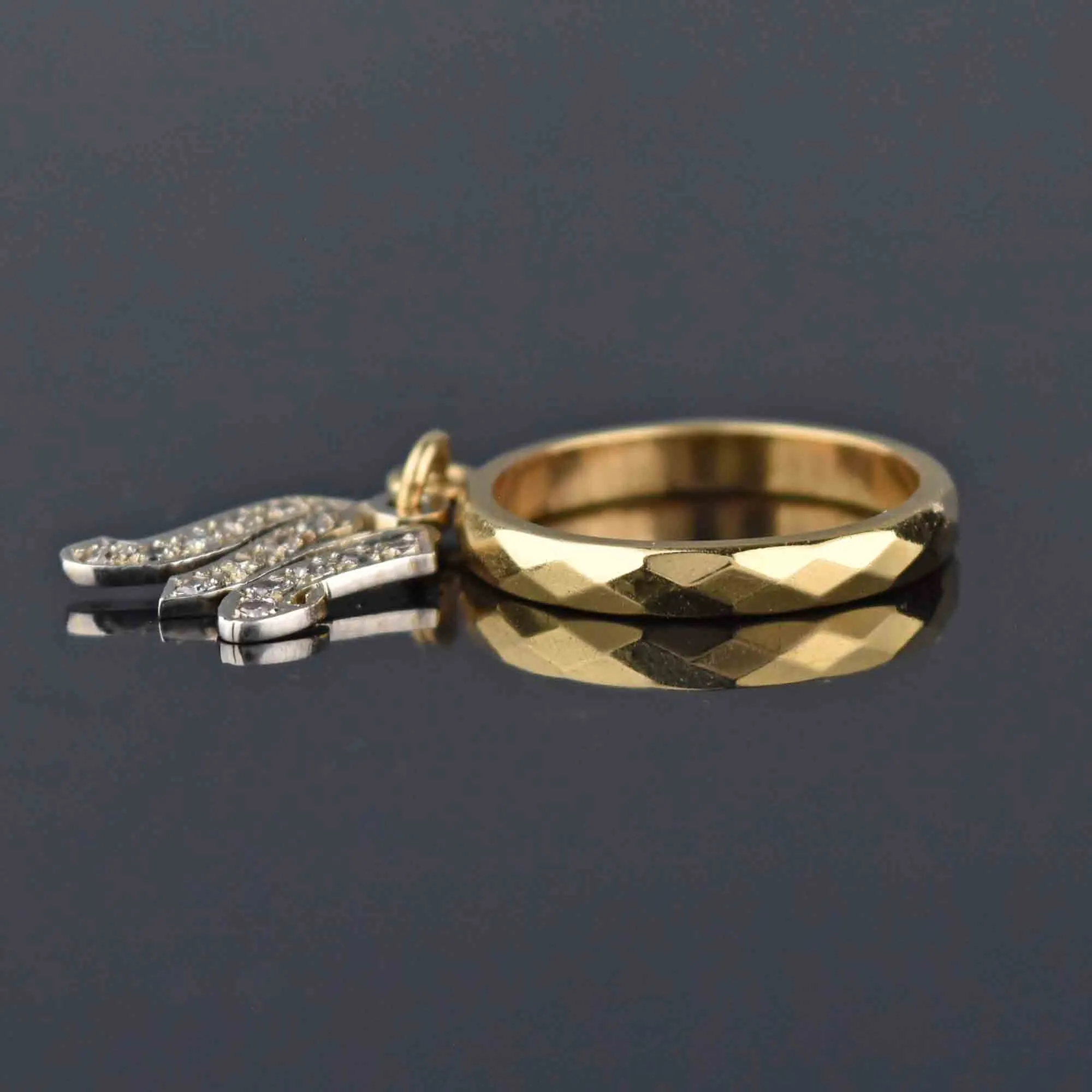 Vintage 14K Gold Initial M Diamond Dangle Charm Ring