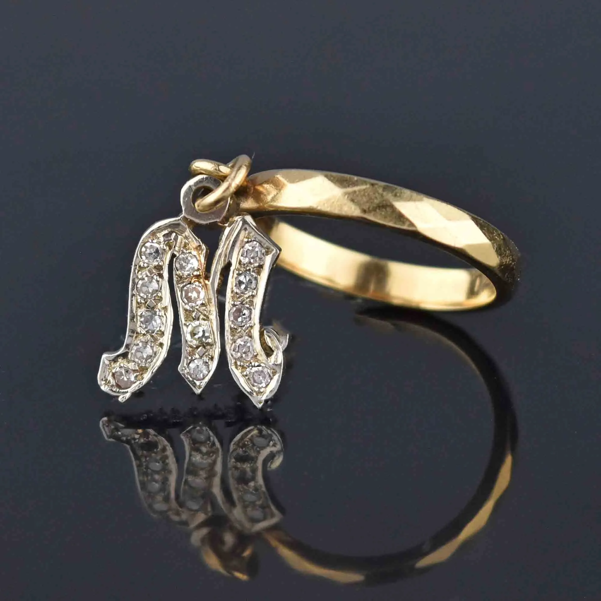 Vintage 14K Gold Initial M Diamond Dangle Charm Ring