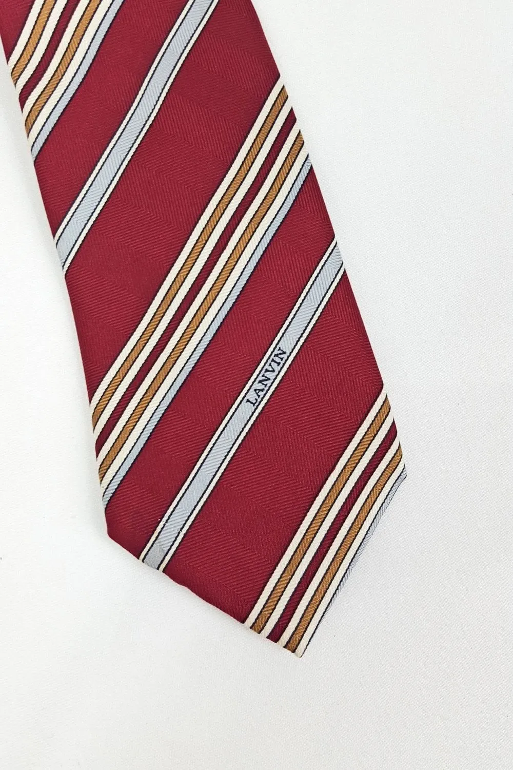 VINTAGE LANVIN 100% Silk Red Blue Brown Stripe Tie (57)