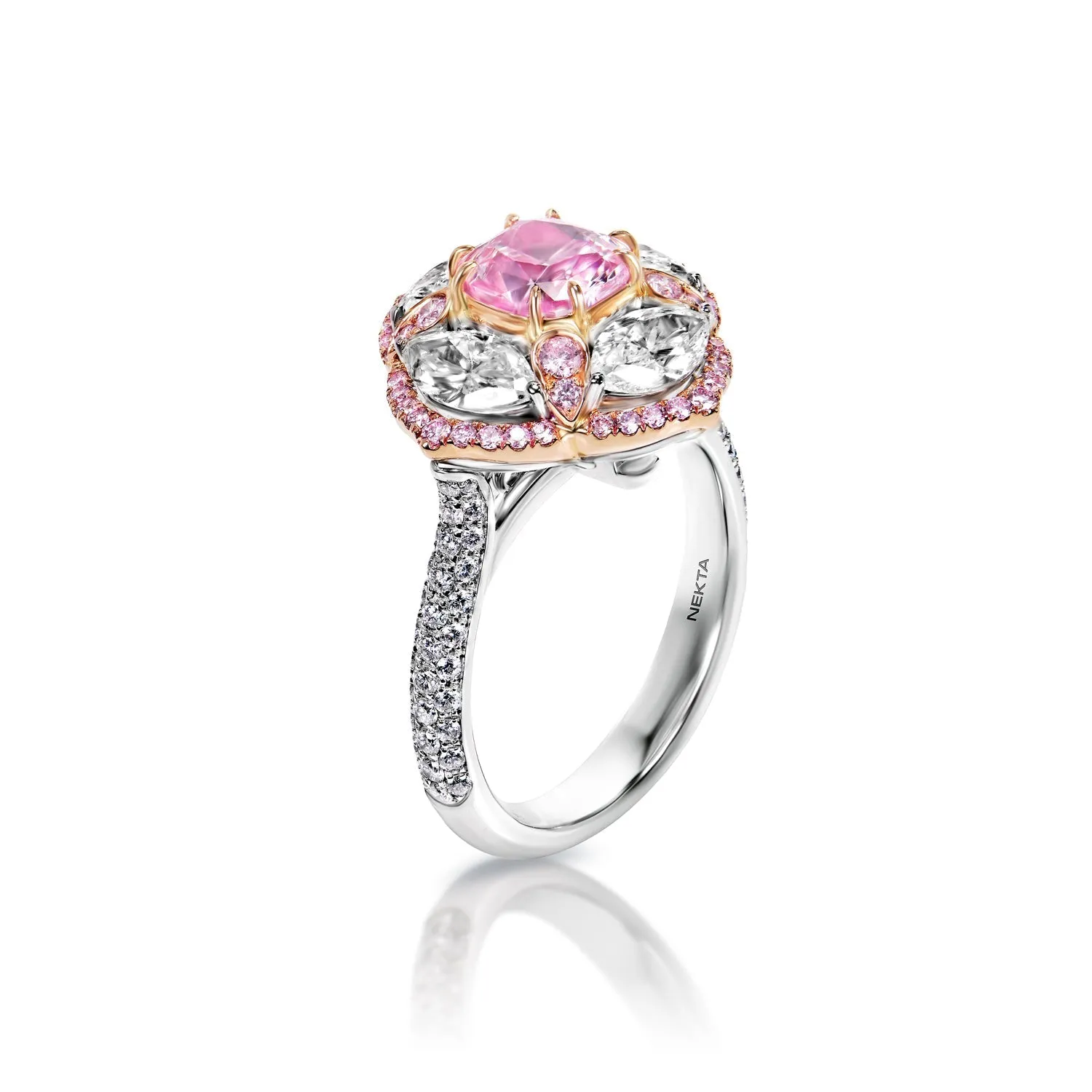 Virginia 3 Carat Very Light Pink Cushion Cut Diamond Engagement Ring in White Gold & Rose Gold By Mike Nekta. GIA Certified.